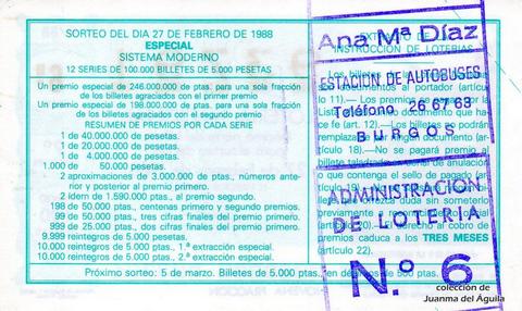 Reverso del décimo de Lotería Nacional de 1988 Sorteo 9