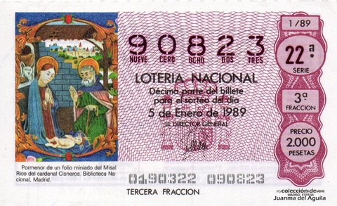 Décimo de Lotería Nacional de 1989 Sorteo 1 - Pormenor de un folio miniado del Misal Rico del cardenal Cisneros. Biblioteca Nacional, Madrid.
