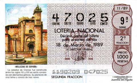 Décimo de Lotería Nacional de 1989 Sorteo 11 - «BELLEZAS DE ESPAÑA» - CATEDRAL DE ORENSE (SIGLOS XII - XIII)