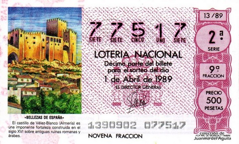 Décimo de Lotería Nacional de 1989 Sorteo 13 - «BELLEZAS DE ESPAÑA» - CASTILLO DE VELEZ-BLANCO (ALMERIA)