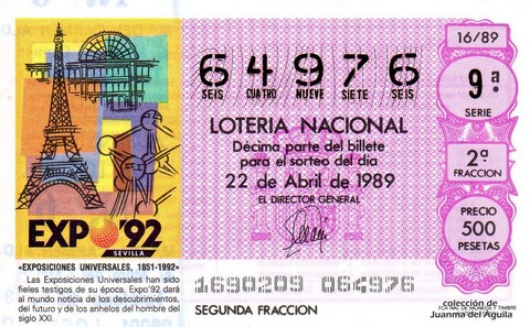 Décimo de Lotería Nacional de 1989 Sorteo 16 - «EXPOSICIONES UNIVERSALES, 1851-1992»