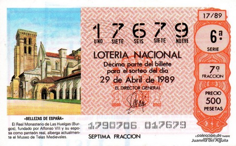 Décimo de Lotería Nacional de 1989 Sorteo 17 - «BELLEZAS DE ESPAÑA» - REAL MONASTERIO DE LAS HUELGAS (BURGOS)