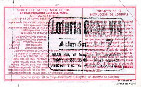 Reverso décimo de Lotería 1989 / 19