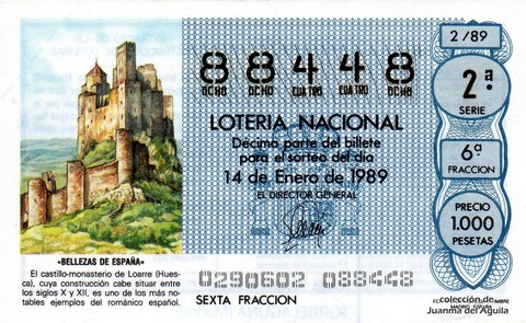 Décimo de Lotería Nacional de 1989 Sorteo 2 - «BELLEZAS DE ESPAÑA» - CASTILLO - MONASTERIO DE LOARRE (HUESCA)