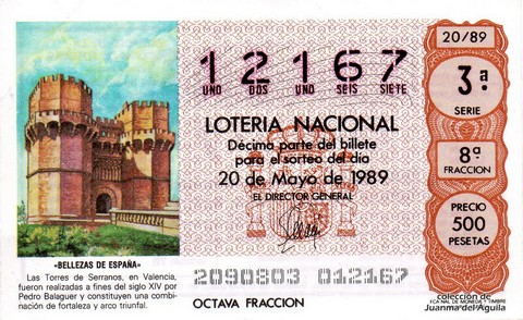 Décimo de Lotería Nacional de 1989 Sorteo 20 - «BELLEZAS DE ESPAÑA» - TORRES DE SERRANOS (VALENCIA) S.XIV