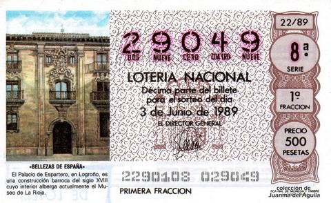 Décimo de Lotería Nacional de 1989 Sorteo 22 - «BELLEZAS DE ESPAÑA» - PALACIO DE ESPARTERO (LOGROÑO)