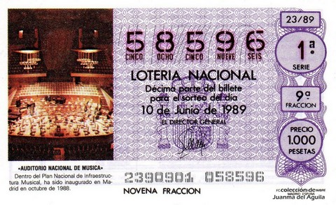 Décimo de Lotería Nacional de 1989 Sorteo 23 - «AUDITORIO NACIONAL DE MUSICA»