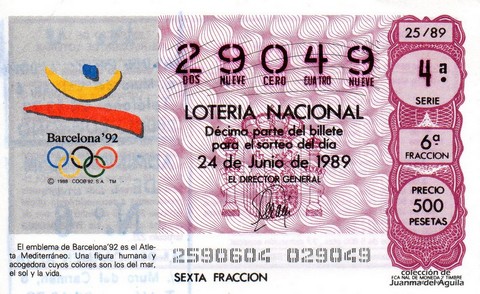 Décimo de Lotería Nacional de 1989 Sorteo 25 - EMBLEMA DE BARCELONA '92