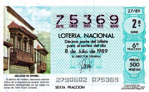 Décimo de Lotería Nacional de 1989 Sorteo 27 - «BELLEZAS DE ESPAÑA» - 