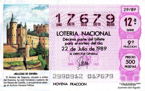 Décimo de Lotería Nacional de 1989 Sorteo 29 - «BELLEZAS DE ESPAÑA» - ALCAZAR DE SEGOVIA, SITUADO A ORILLAS DEL ERESMA