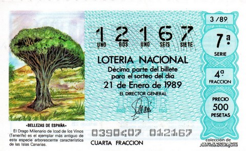Décimo de Lotería Nacional de 1989 Sorteo 3 - «BELLEZAS DE ESPAÑA» - DRAGO MILENARIO DE ICOD DE LOS VINOS (TENERIFE)