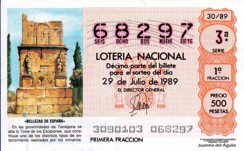 Décimo de Lotería Nacional de 1989 Sorteo 30 - «BELLEZAS DE ESPAÑA» - TORRE DE LOS ESCIPIONES (TARRAGONA)