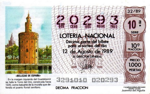 Décimo de Lotería Nacional de 1989 Sorteo 32 - «BELLEZAS DE ESPAÑA» - TORRE DEL ORO (SEVILLA)