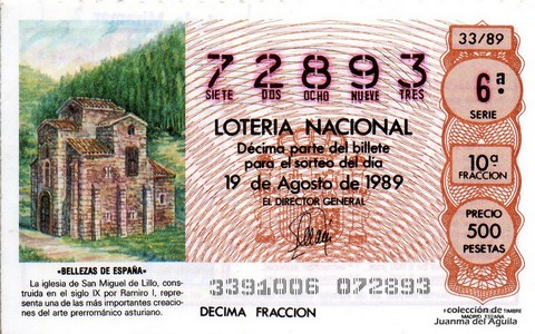 Décimo de Lotería Nacional de 1989 Sorteo 33 - «BELLEZAS DE ESPAÑA» - IGLESIA DE SAN MIGUEL DE LILLO (S. IX)