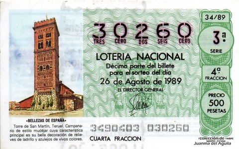 Décimo de Lotería Nacional de 1989 Sorteo 34 - «BELLEZAS DE ESPAÑA» - TORRE DE SAN MARTIN (TERUEL)
