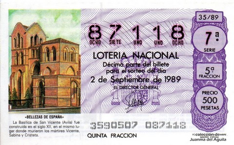 Décimo de Lotería Nacional de 1989 Sorteo 35 - «BELLEZAS DE ESPAÑA» - BASILICA DE SAN VICENTE (AVILA)