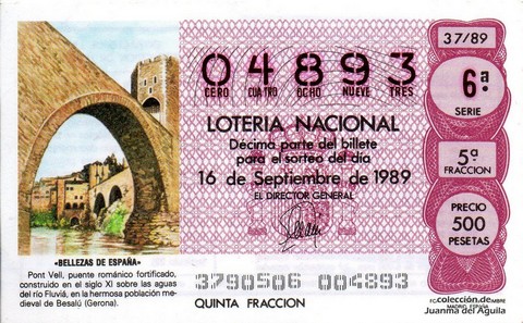 Décimo de Lotería Nacional de 1989 Sorteo 37 - «BELLEZAS DE ESPAÑA» - PONT VELL, BESALU (GERONA)