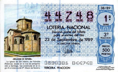 Décimo de Lotería Nacional de 1989 Sorteo 38 - «BELLEZAS DE ESPAÑA» - IGLESIA DE SAN MARTIN, DE FROMISTA (PALENCIA)