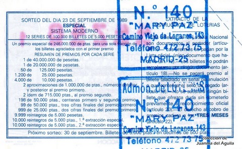 Reverso décimo de Lotería 1989 / 38
