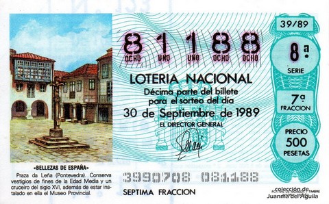 Décimo de Lotería Nacional de 1989 Sorteo 39 - «BELLEZAS DE ESPAÑA» - PRAZA DA LEÑA (PONTEVEDRA)