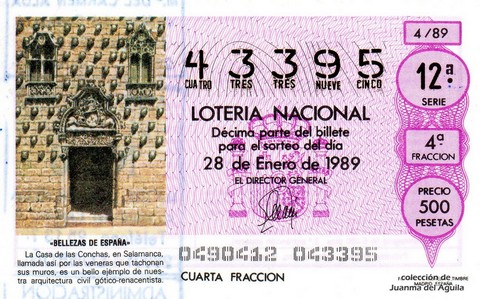 Décimo de Lotería Nacional de 1989 Sorteo 4 - «BELLEZAS DE ESPAÑA» - CASA DE LAS CONCHAS (SALAMANCA)