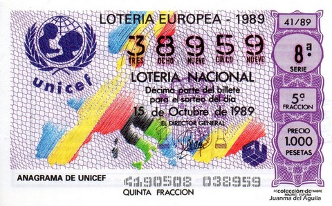 Décimo de Lotería Nacional de 1989 Sorteo 41 - ANAGRAMA DE UNICEF