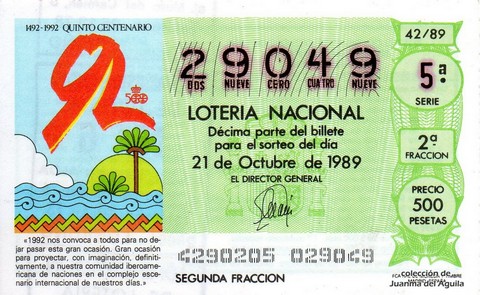 Décimo de Lotería Nacional de 1989 Sorteo 42 - DIBUJO ALEGORICO QUINTO CENTENARIO