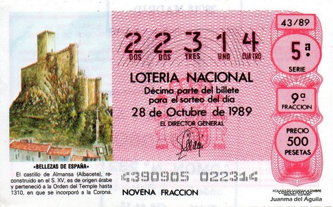 Décimo de Lotería Nacional de 1989 Sorteo 43 - «BELLEZAS DE ESPAÑA» - CASTILLO DE ALMANSA (ALBACETE)