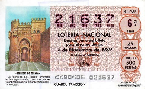 Décimo de Lotería Nacional de 1989 Sorteo 44 - «BELLEZAS DE ESPAÑA» - PUERTA DEL SOL (TOLEDO)