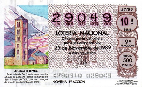 Décimo de Lotería Nacional de 1989 Sorteo 47 - «BELLEZAS DE ESPAÑA» - IGLESIA ROMANICA DE SANT CLIMENT DE TAÜLL (LLEIDA)