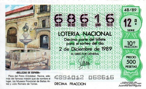 Décimo de Lotería Nacional de 1989 Sorteo 48 - «BELLEZAS DE ESPAÑA» - PLAZA DEL POTRO (CORDOBA)