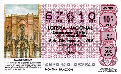Décimo de Lotería Nacional de 1989 Sorteo 49 - «BELLEZAS DE ESPAÑA» - CATEDRAL DE SIGÜENZA (GUADALAJARA)