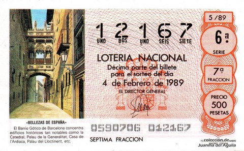 Décimo de Lotería Nacional de 1989 Sorteo 5 - «BELLEZAS DE ESPAÑA» - BARRIO GOTICO DE BARCELONA
