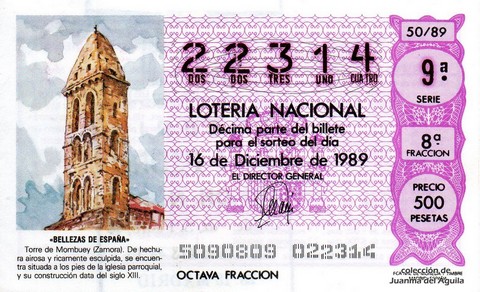 Décimo de Lotería Nacional de 1989 Sorteo 50 - «BELLEZAS DE ESPAÑA» - TORRE DE MOMBUEY (ZAMORA) S. XIII