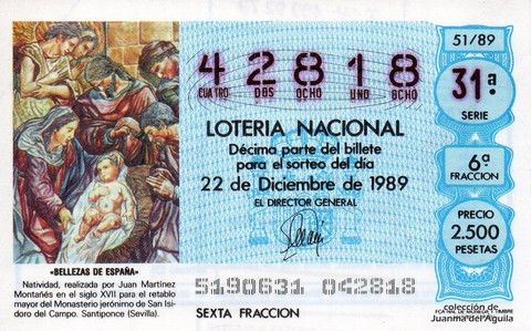 Décimo de Lotería Nacional de 1989 Sorteo 51 - «BELLEZAS DE ESPAÑA» - NATIVIDAD, REALIZADO POR JUAN MARTINEZ MONTAÑES (S. XVII)
