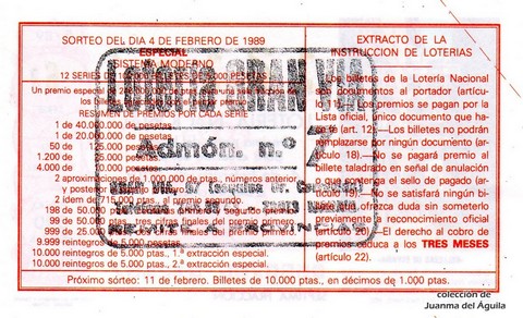 Reverso décimo de Lotería 1989 / 5
