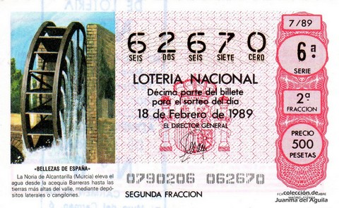 Décimo de Lotería Nacional de 1989 Sorteo 7 - «BELLEZAS DE ESPAÑA» - NORIA DE ALCANTARILLA (MURCIA)