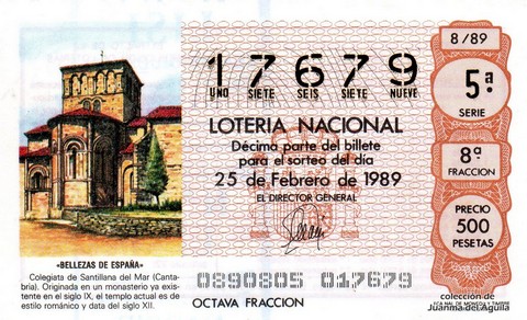Décimo de Lotería Nacional de 1989 Sorteo 8 - «BELLEZAS DE ESPAÑA» - COLEGIATA DE SANTILLANA DEL MAR (CANTABRIA)