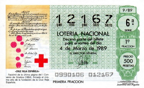 Décimo de Lotería Nacional de 1989 Sorteo 9 - «CRUZ ROJA ESPAÑOLA»