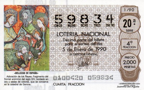 Décimo de Lotería Nacional de 1990 Sorteo 1 - «BELLEZAS DE ESPAÑA» -  ADORACION DE LOS REYES (ANONIMO DEL SIGLO XIV)