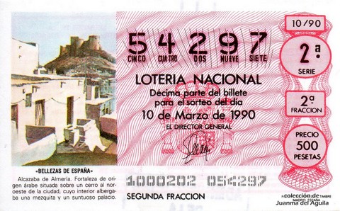 Décimo de Lotería Nacional de 1990 Sorteo 10 - «BELLEZAS DE ESPAÑA» - LA ALCAZABA (ALMERIA)