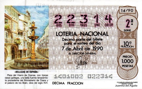 Décimo de Lotería Nacional de 1990 Sorteo 14 - «BELLEZAS DE ESPAÑA» - PLAZA DEL HIERRO (ORENSE)