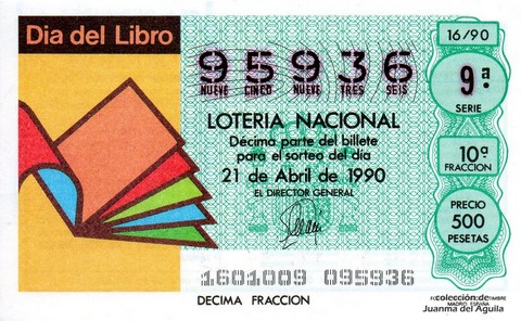 Décimo de Lotería Nacional de 1990 Sorteo 16 - DIA DEL LIBRO