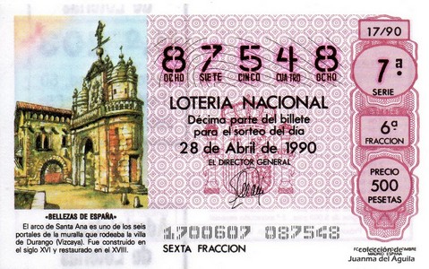 Décimo de Lotería Nacional de 1990 Sorteo 17 - «BELLEZAS DE ESPAÑA» - ARCO DE SANTA ANA (VIZCAYA)