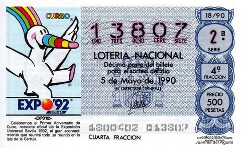 Décimo de Lotería Nacional de 1990 Sorteo 18 - «EXPO '92»