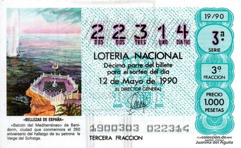 Décimo de Lotería Nacional de 1990 Sorteo 19 - «BELLEZAS DE ESPAÑA» - BALCON DEL MEDITERRANEO (BENIDORM)