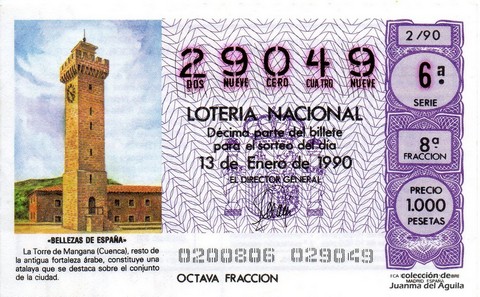 Décimo de Lotería Nacional de 1990 Sorteo 2 - «BELLEZAS DE ESPAÑA» - LA TORRE DE MANGANA (CUENCA)