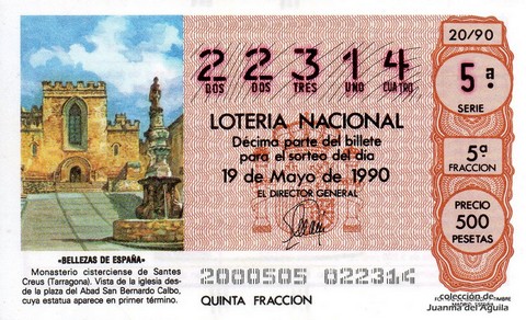 Décimo de Lotería Nacional de 1990 Sorteo 20 - «BELLEZAS DE ESPAÑA» - MONASTERIO CISTERCIENSE DE SANTES CREUS (TARRAGONA)