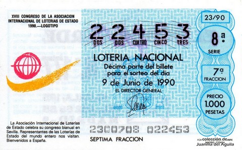 Décimo de Lotería Nacional de 1990 Sorteo 23 - ASOCIACION INTERNACIONAL DE LOTERIAS DE ESTADO