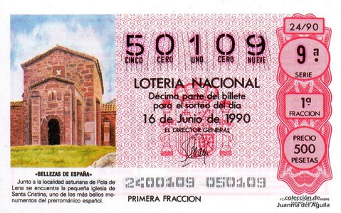 Décimo de Lotería Nacional de 1990 Sorteo 24 - «BELLEZAS DE ESPAÑA» - IGLESIA DE SANTA CRISTINA (POLA DE LENA)